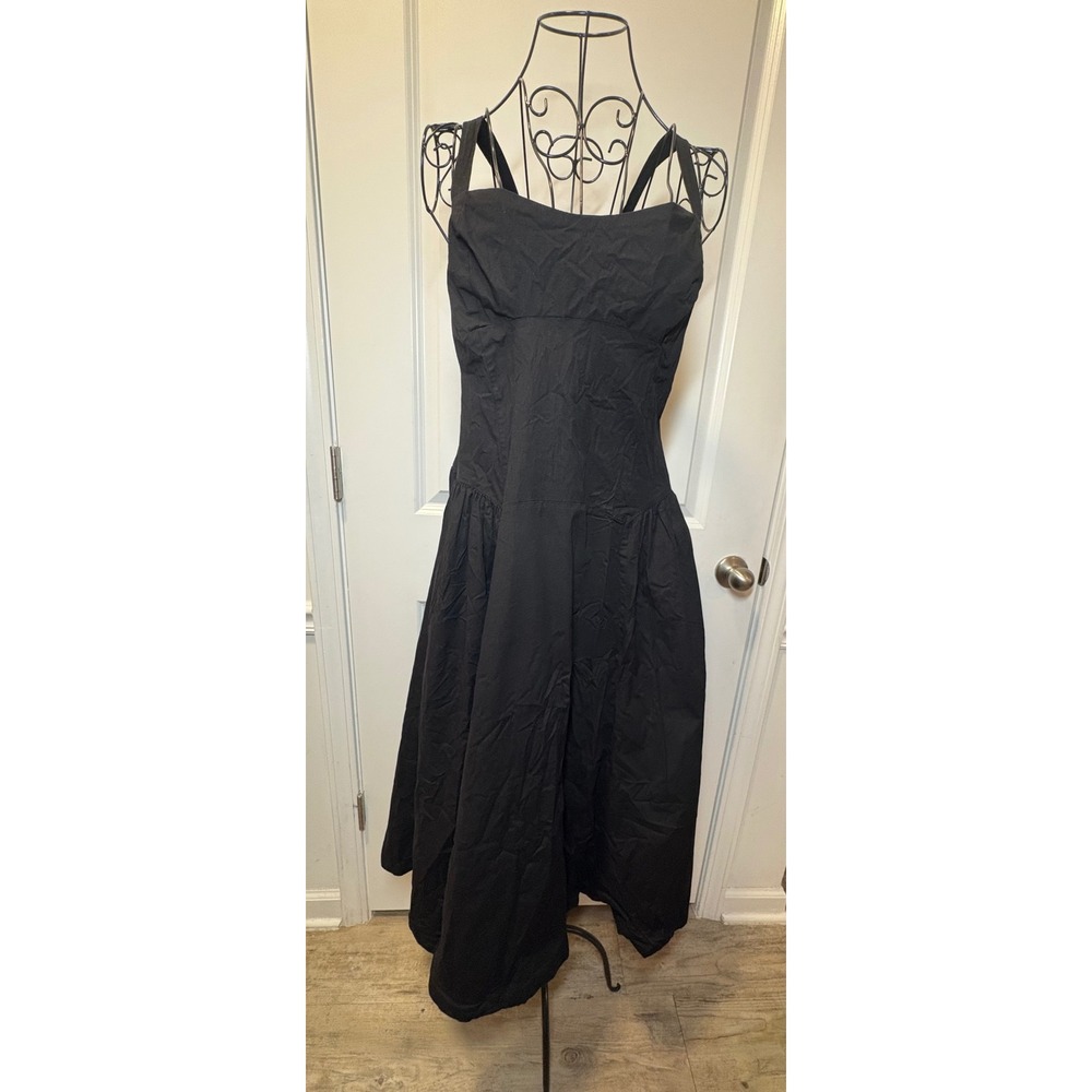 Free People Black Cotton Midi Dress Square Neck Smocked Back Pockets -XL - Picture 2 of 8